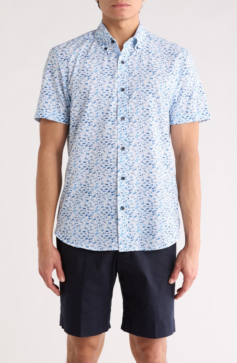 CONSTRUCT Slim Fit Fish Floral Print Short Sleeve Button-Down Shirt, Main, color, 