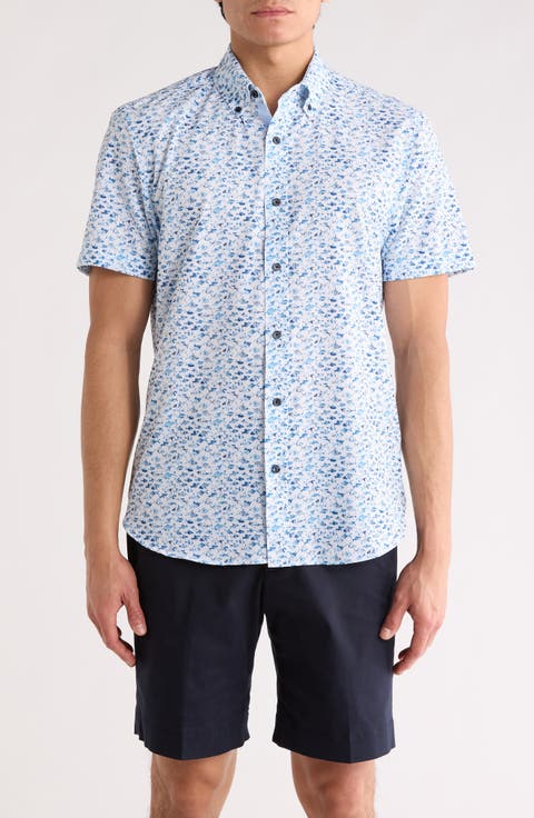 Slim Fit Fish Floral Print Short Sleeve Button-Down Shirt