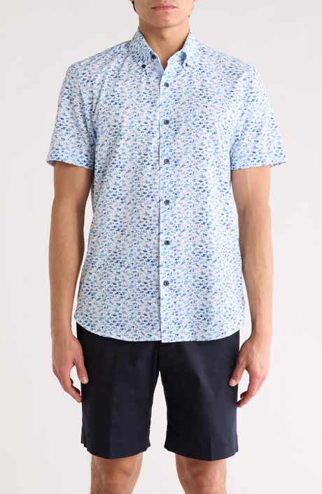 CONSTRUCT Slim Fit Fish Floral Print Short Sleeve Button-Down Shirt