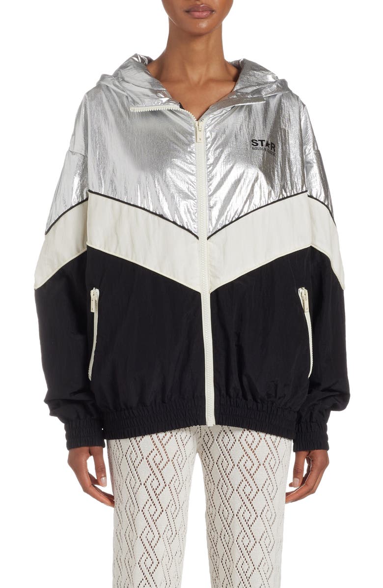 Golden Goose Patchwork Hoodie Windbreaker, Main, color, Silver/ Dark Papyrus/ Black
