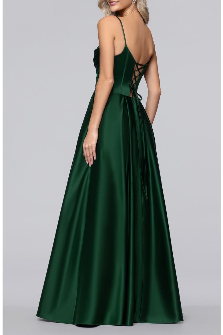 Sequin Lace Detail Satin Gown, Alternate, color, HUNTER