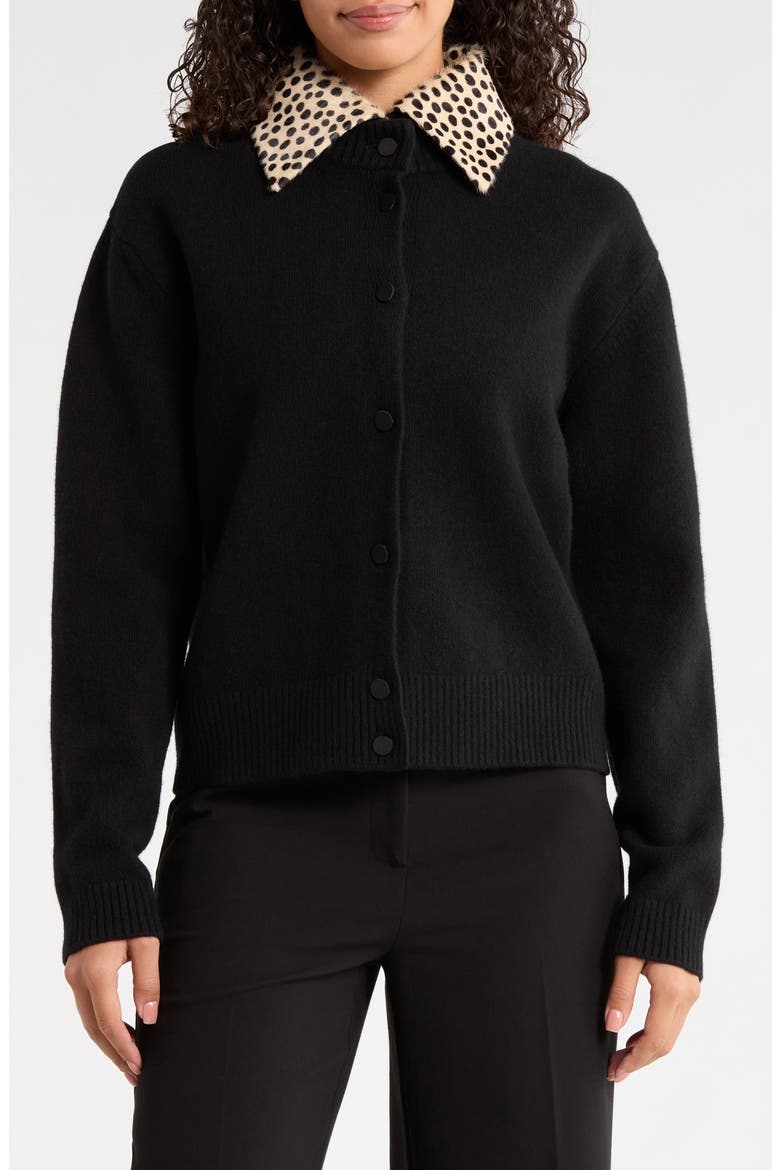 Removable Cheetah Collar Stretch Wool Cardigan, Main, color, BLACK