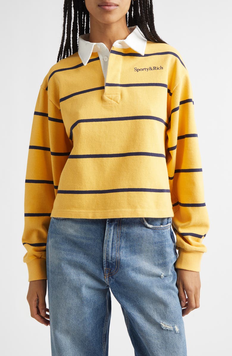 Sporty & Rich Serif Logo Embroidered Cotton Long Sleeve Rugby Polo, Main, color, Faded Gold/ White/ Dark Navy