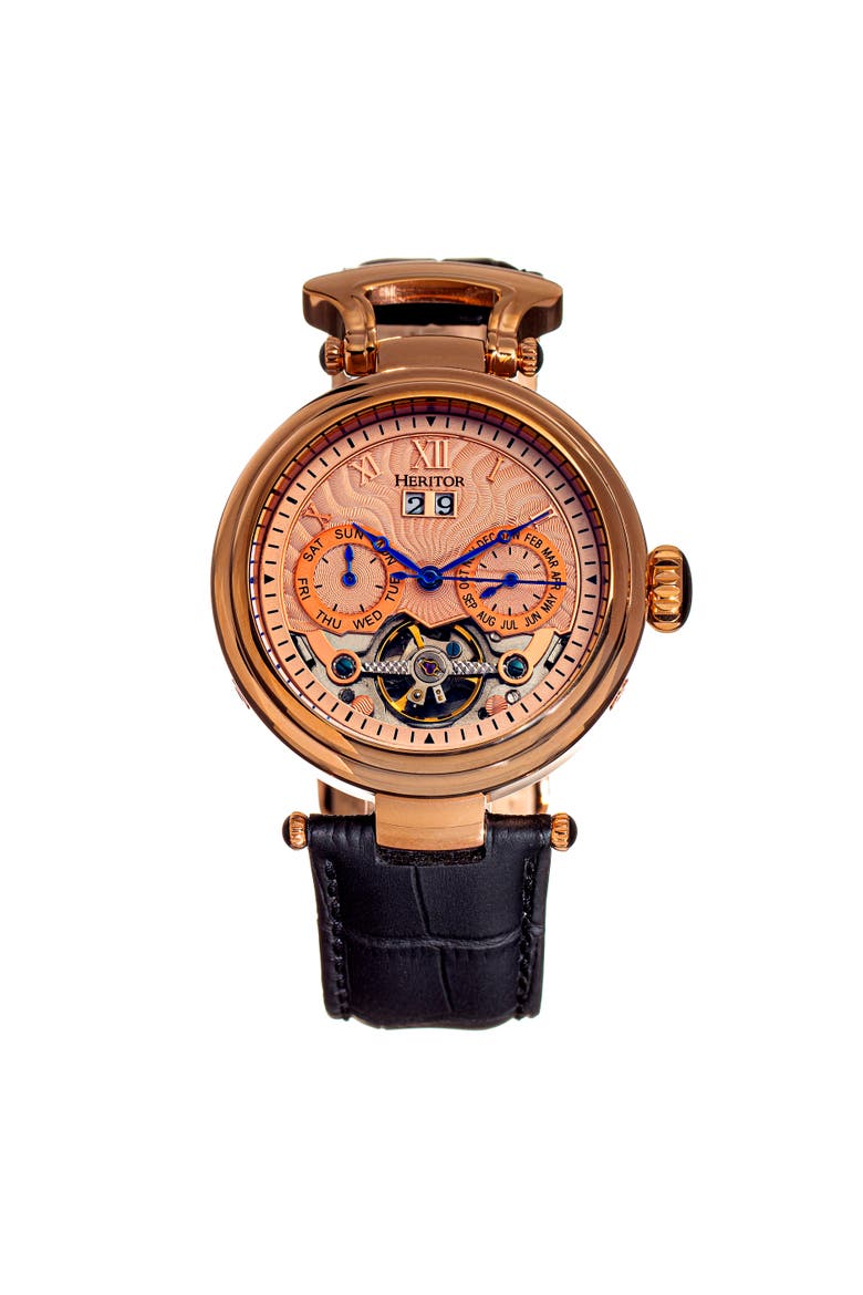 Ganzi Semi-Skeleton Leather-Band Watch, Main, color, Rose Gold