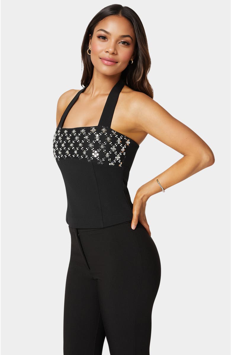 bebe Halter Neck Bead Sequin Top, Alternate, color, Black
