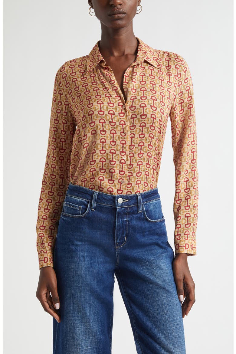 Holly Print Button-Up Shirt, Main, color, MULTI ALLOVER HORSE BIT