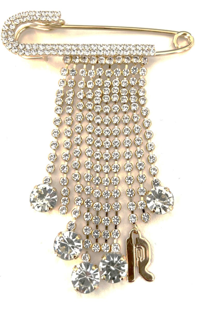 Rabanne Crystal Embellished Safety Pin Bag Charm, Main, color, Gold / Crystal