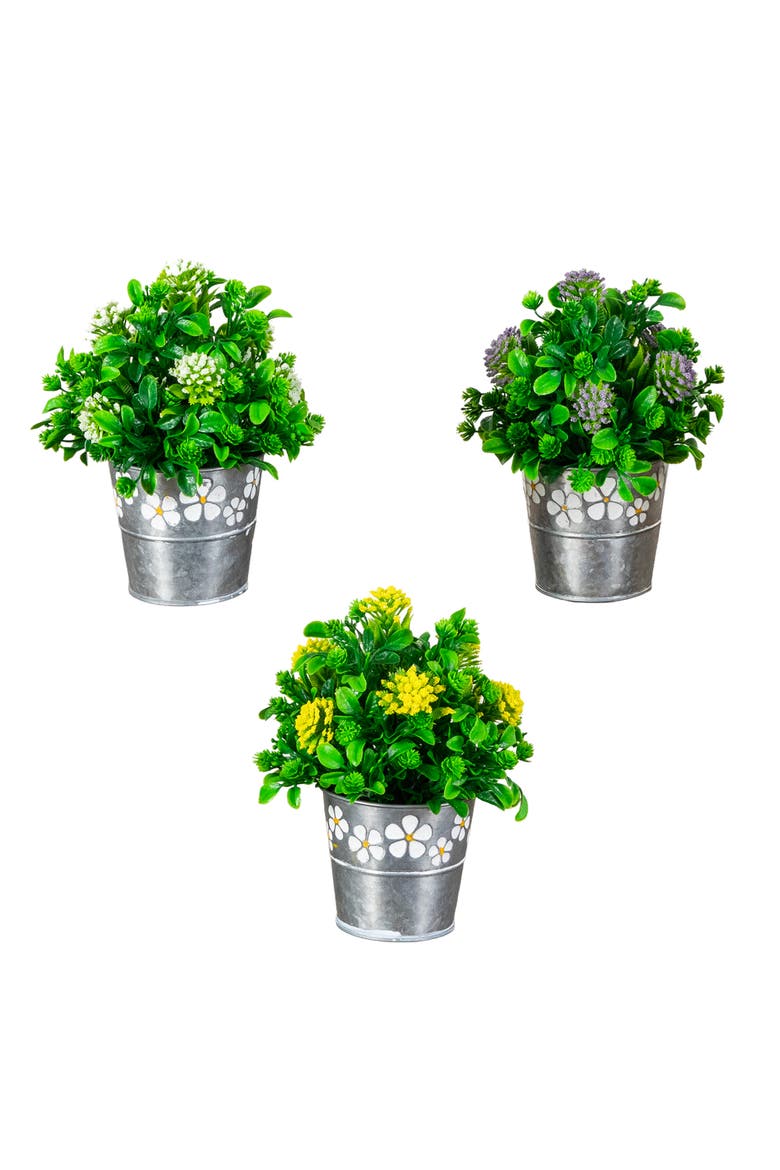 8-in Artificial Mixed Flowering Plant in Decorative Daisy Tin Planter - Set of 3, Main, color, Assortment 1