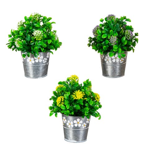 8-in Artificial Mixed Flowering Plant in Decorative Daisy Tin Planter - Set of 3