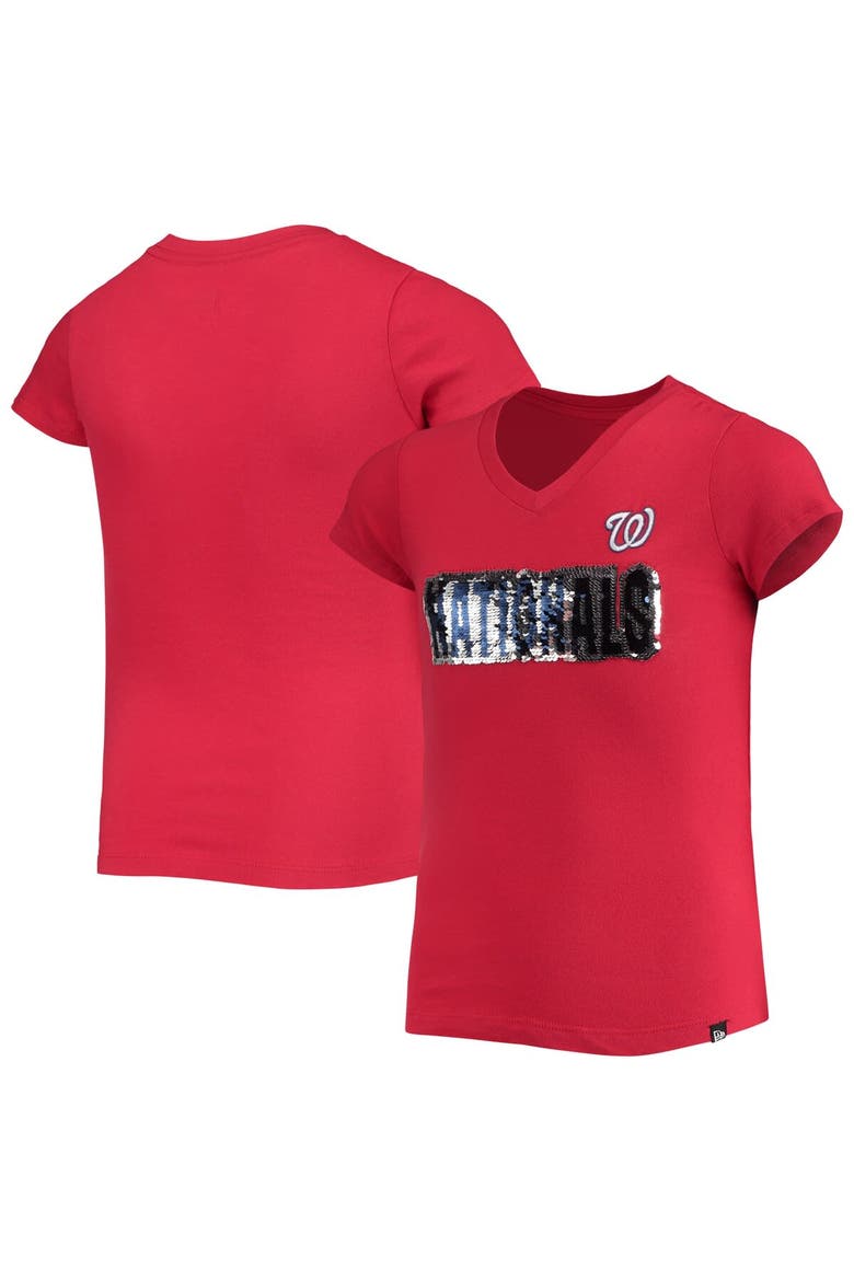 Girls Youth New Era Red Washington Nationals Flip Sequin Team T-Shirt, Main, color, Red