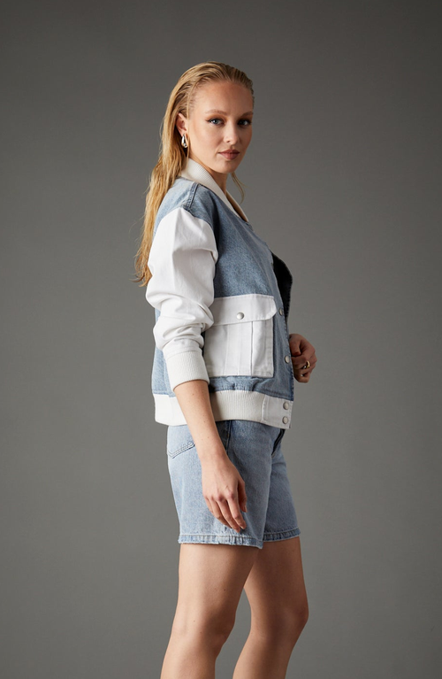 Blue Revival Admiral Mixed Media Bomber In Light Stone