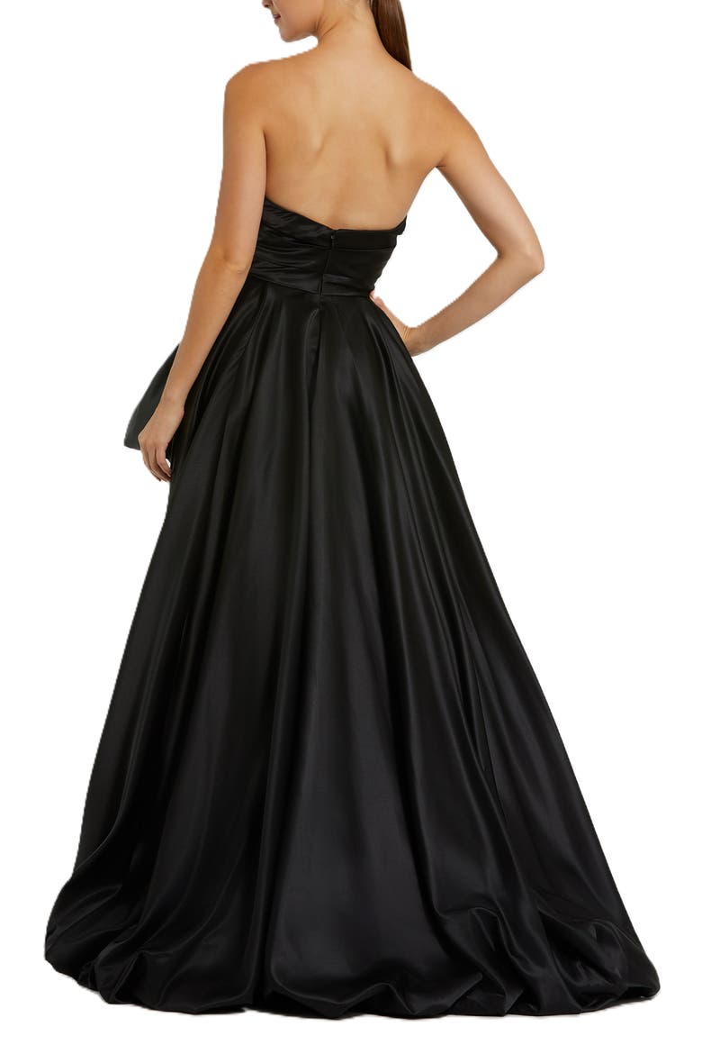 asymmetrical strapless ruched maxi dress mac duggal Black Strapless Ruched High Low Gown