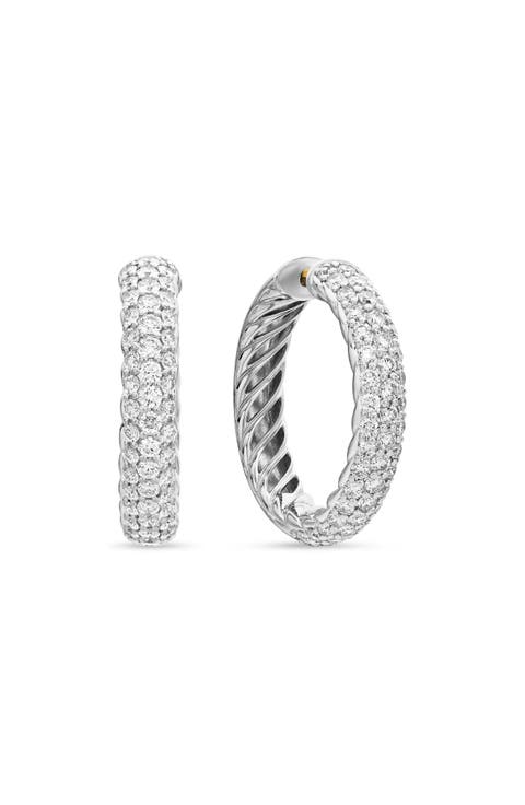 Sculpted Cable Hoop Earrings in Sterling Silver with Pavé Diamonds