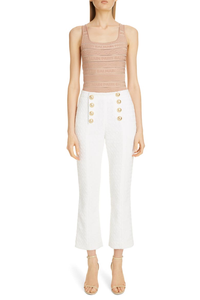 Sheer Logo Stripe Jacquard Bodysuit, Alternate, color, BEIGE FONC