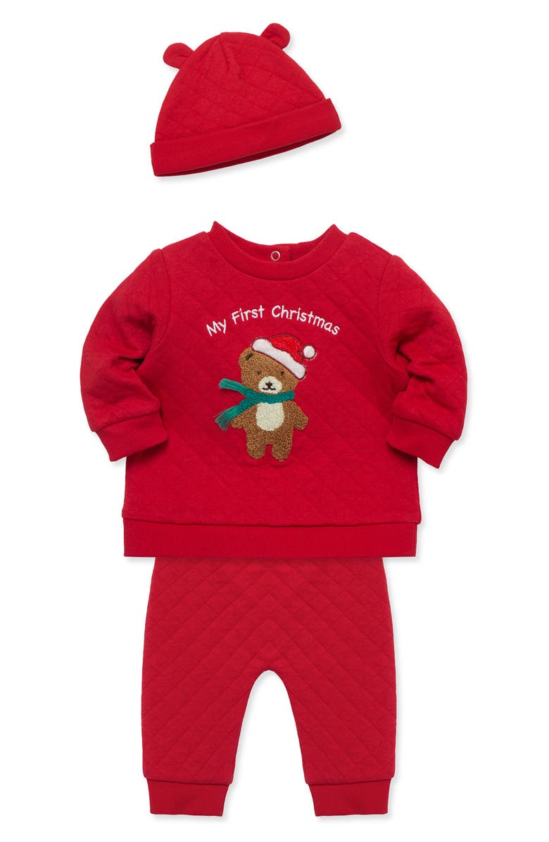 Little Me First Christmas Holiday Quilted Sweatshirt, Joggers & Hat Set, Alternate, color, Red