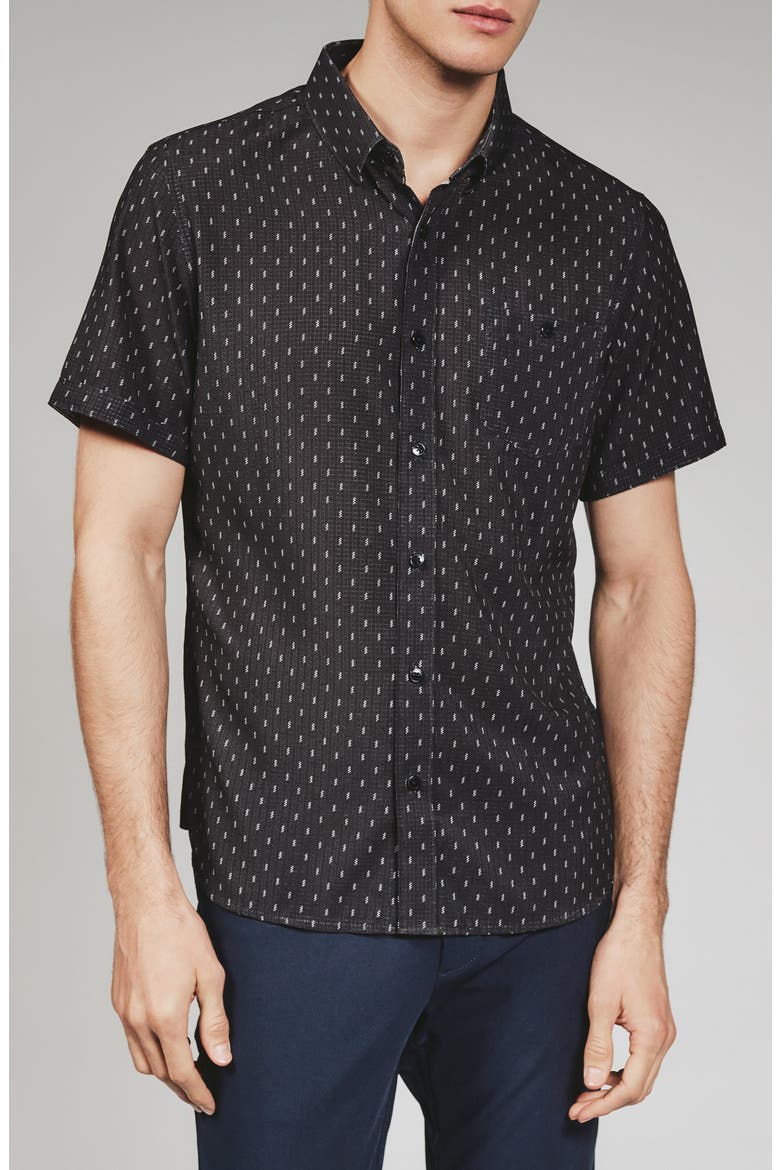 Renzo Textured Geo Pattern Short Sleeve Stretch Button-Up Shirt, Main, color, BLACK