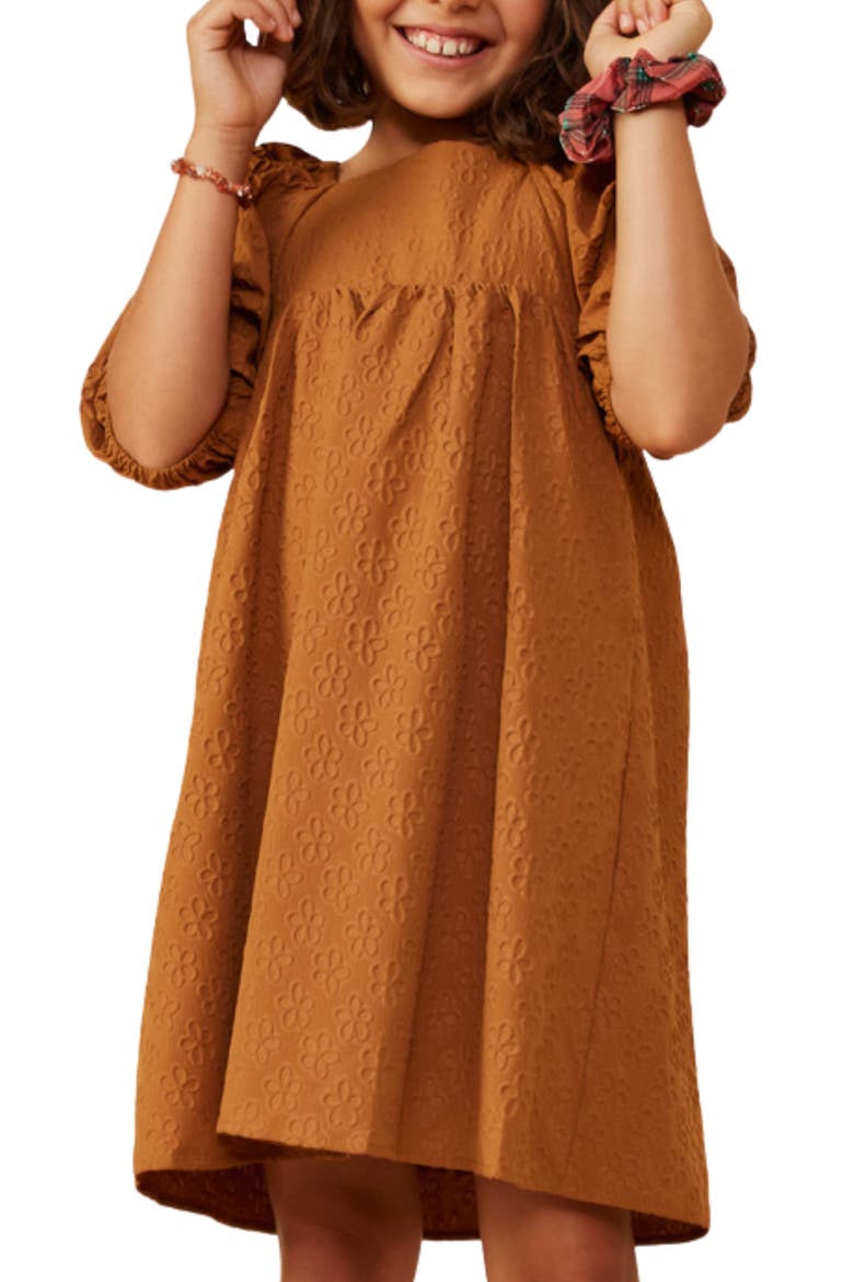 Kids' Floral Embroidered Square Neck Dress, Alternate, color, CAMEL