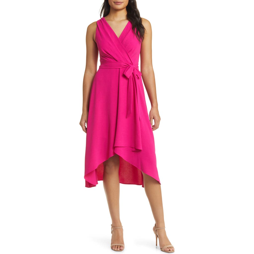Connected Apparel Tie Belt Faux Wrap High-low Dress In Bright Fuchsia