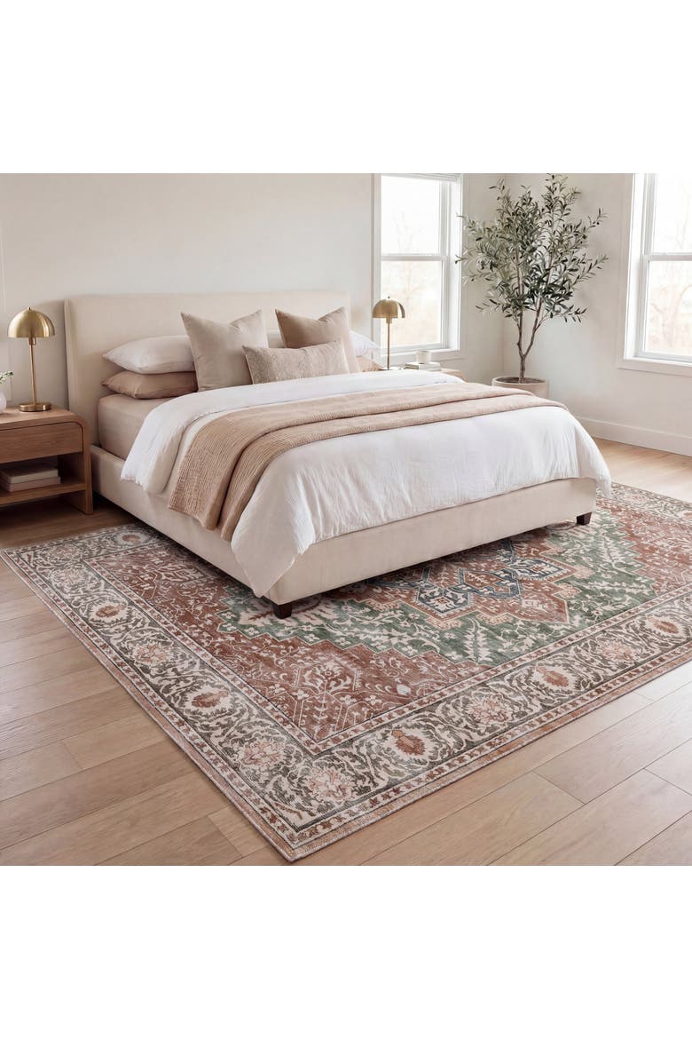 Eleanor Vintage Medallion Border Non-Slip Machine-Washable Green/Brown 4 ft. x 6 ft. Area Rug, Alternate, color, Green/Brown