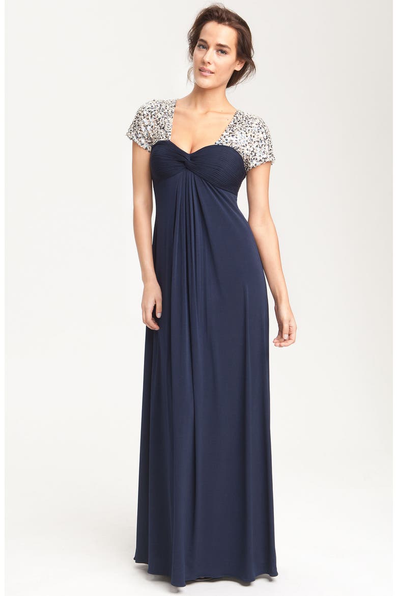 Sequin Trim Jersey Gown, Main, color, NAVY