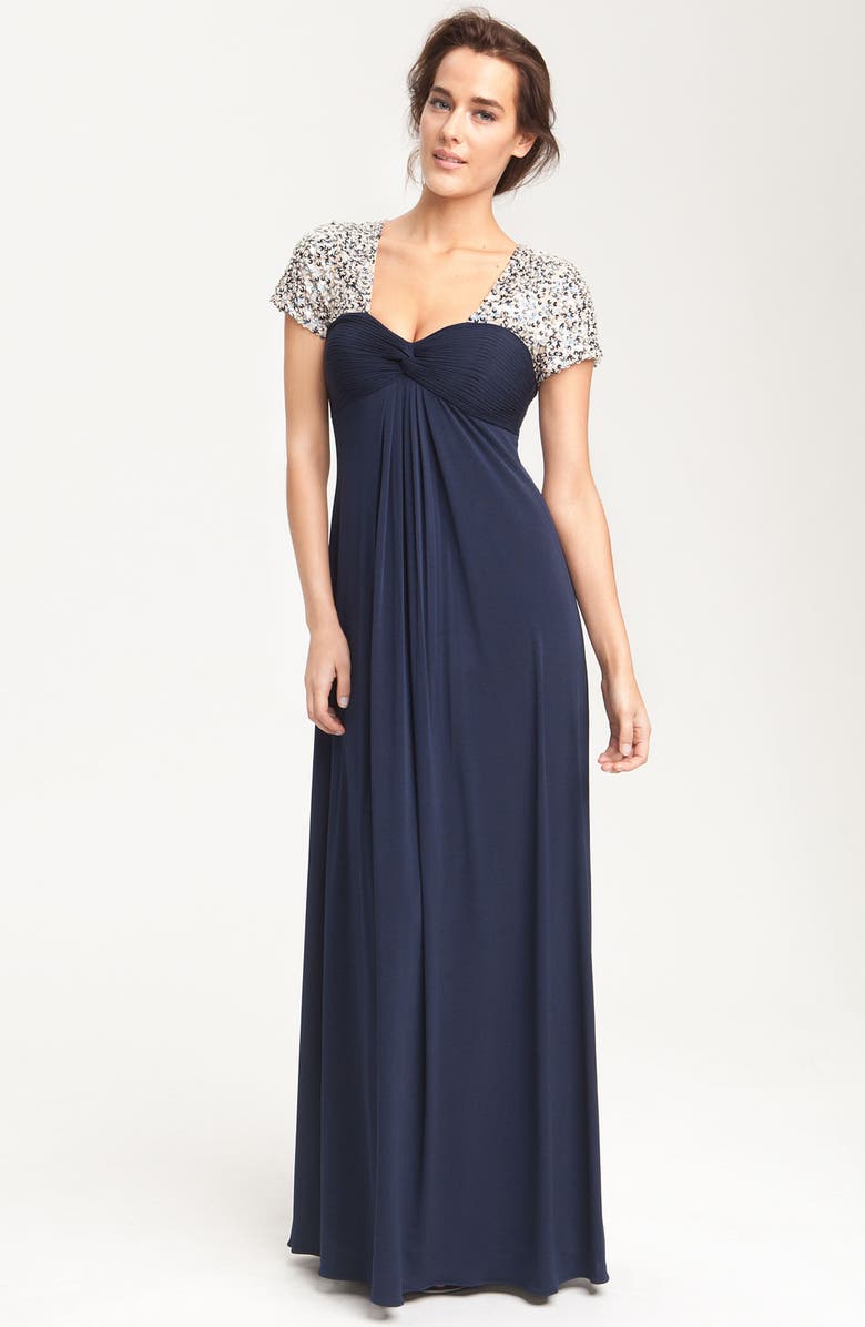 JS Boutique Sequin Trim Jersey Gown, Main, color, 