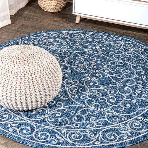 Jonathan Y Charleston Vintage Filigree Textured Weave Indoor/outdoor Round Area Rug In Navy/gray
