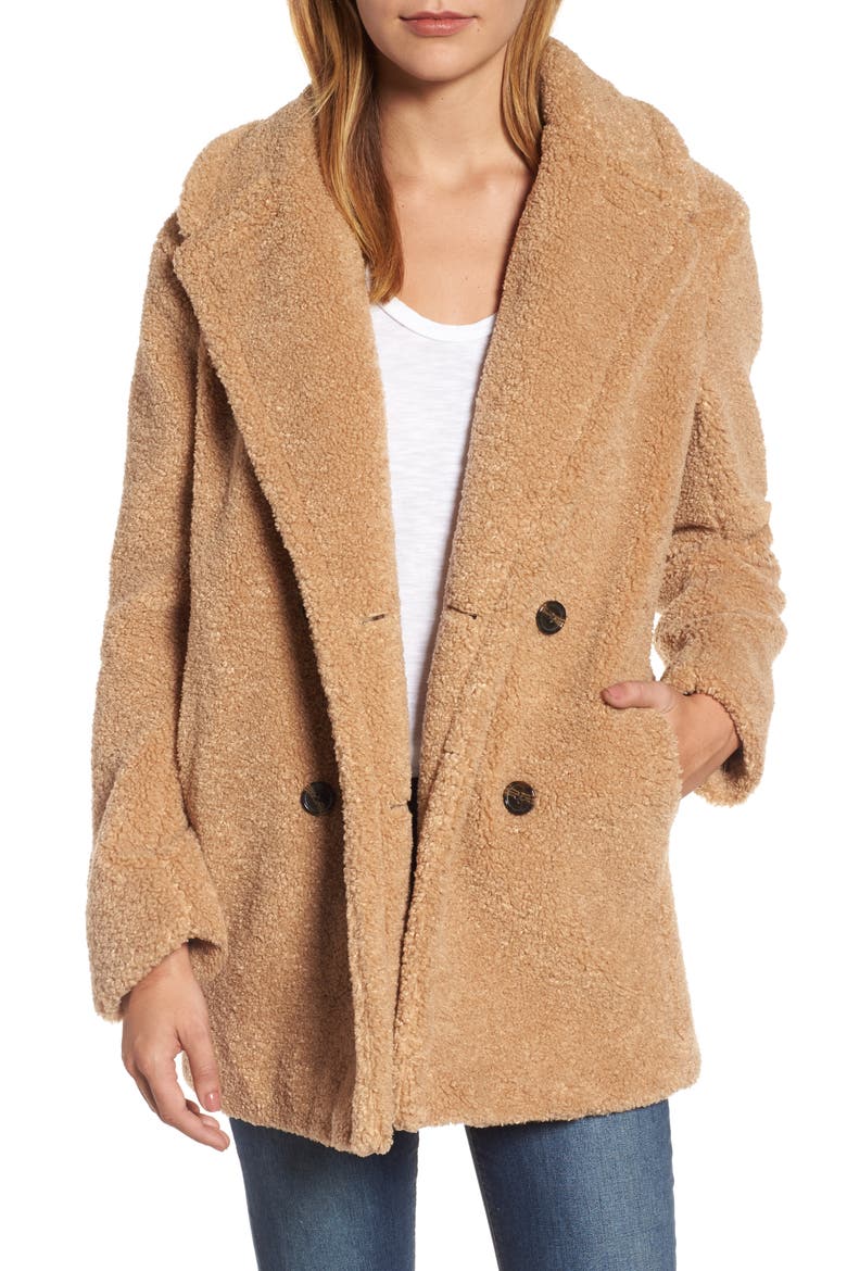 Teddy Bear Notch Collar Faux Fur Coat, Main, color, BUTTERSCOTCH