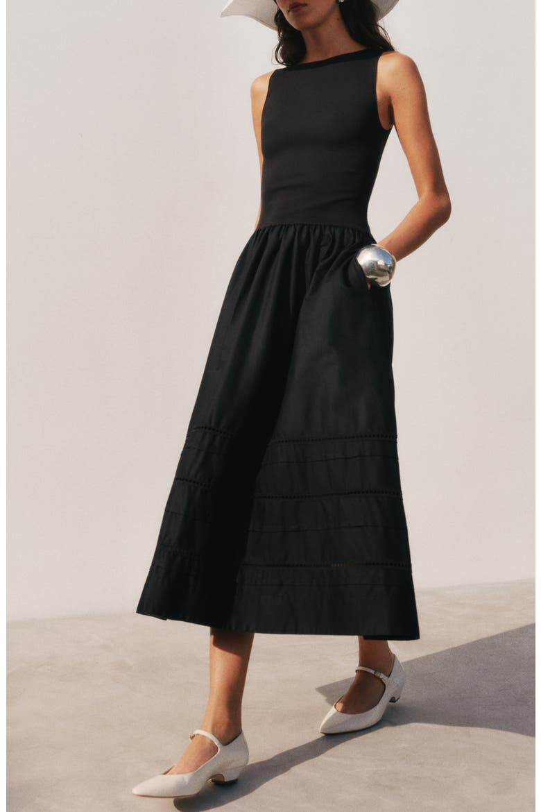 Idelle Fit & Flare Stretch Organic Cotton Midi Dress, Alternate, color, BLACK