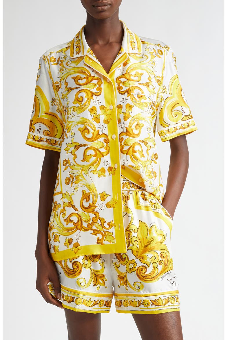 Majolica Print Silk Button-Up Shirt, Main, color, MIX MAIOLICA GIALLO
