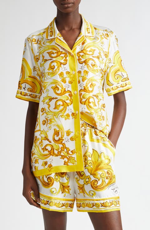 Majolica Print Silk Button-Up Shirt