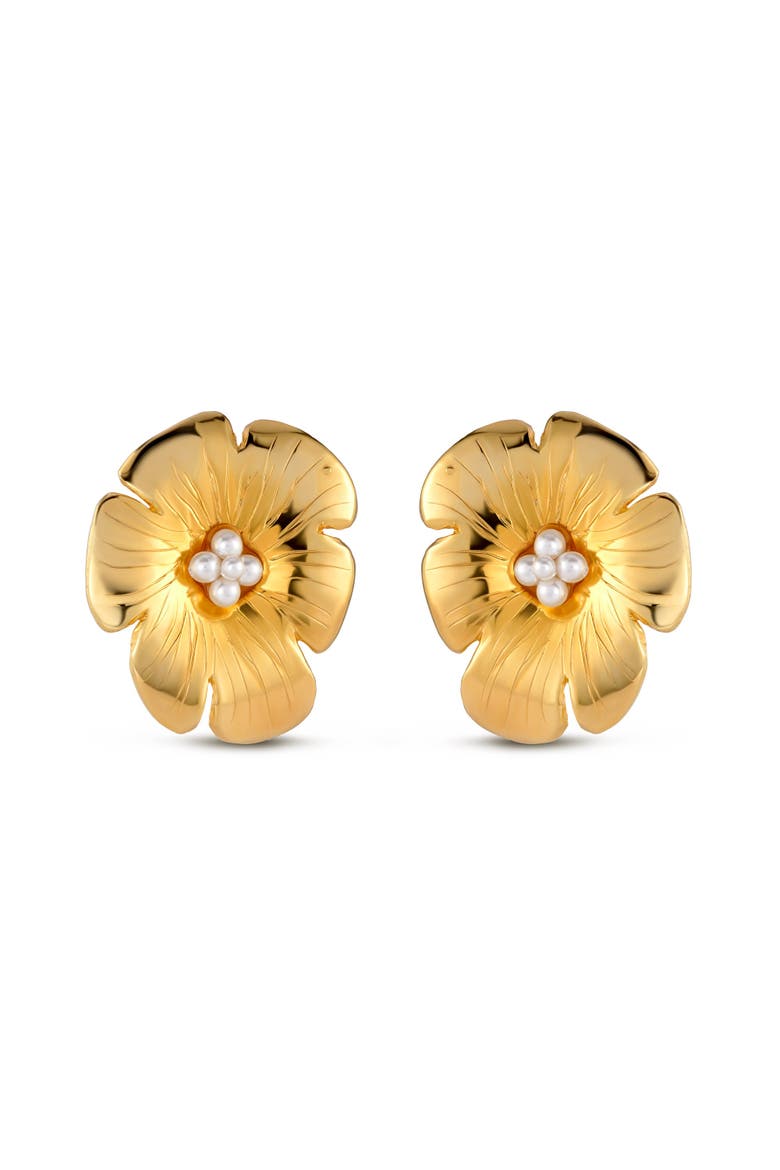 Large Poppy Flower Earring with Pearl, Main, color, Gold