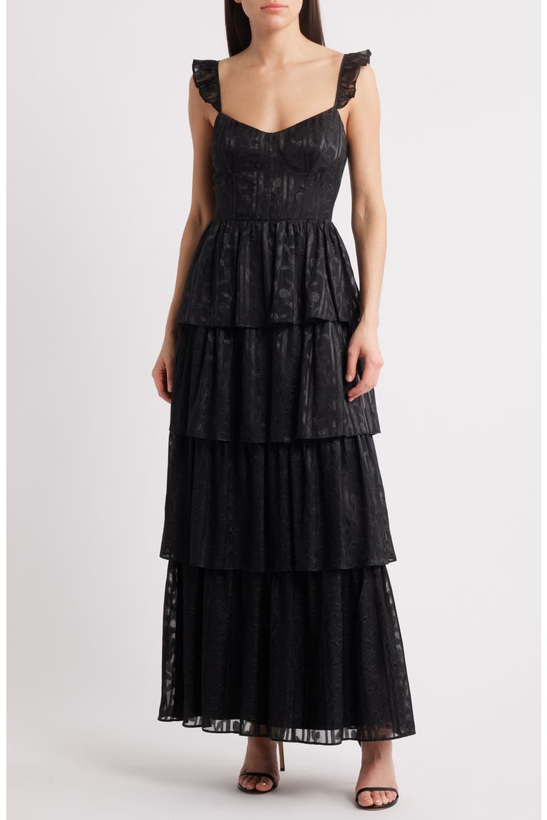 Magnolia Tiered Organza Gown, Main, color, BLACK