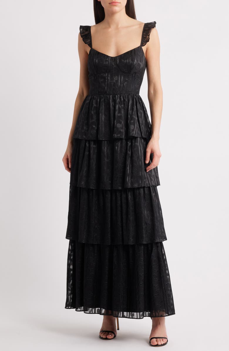 Lulus Magnolia Tiered Organza Gown, Main, color, Black