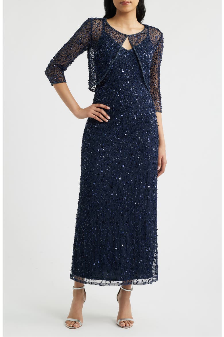 Beaded Cocktail Dress with Bolero, Alternate, color, NAVY