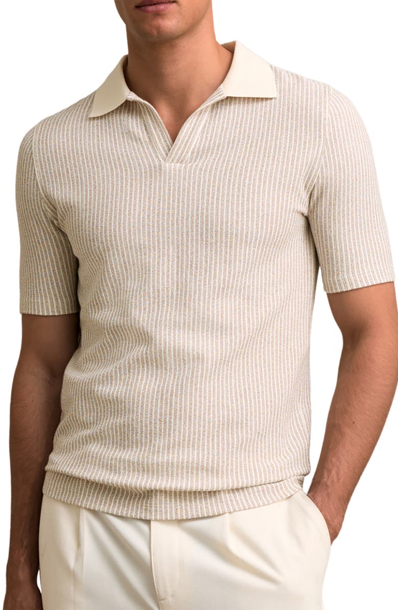 Reiss Hall Stripe Johnny Collar Polo, Main, color, Ecru/ Taupe Brown