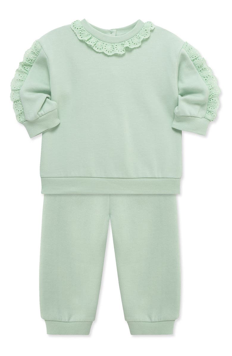 Little Me Ruffle Lace Trim Sweatshirt & Joggers, Alternate, color, Green