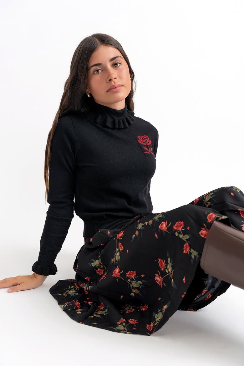 Woven Print Knit Set with Turtleneck and A-Line Skirt, Alternate, color, Black