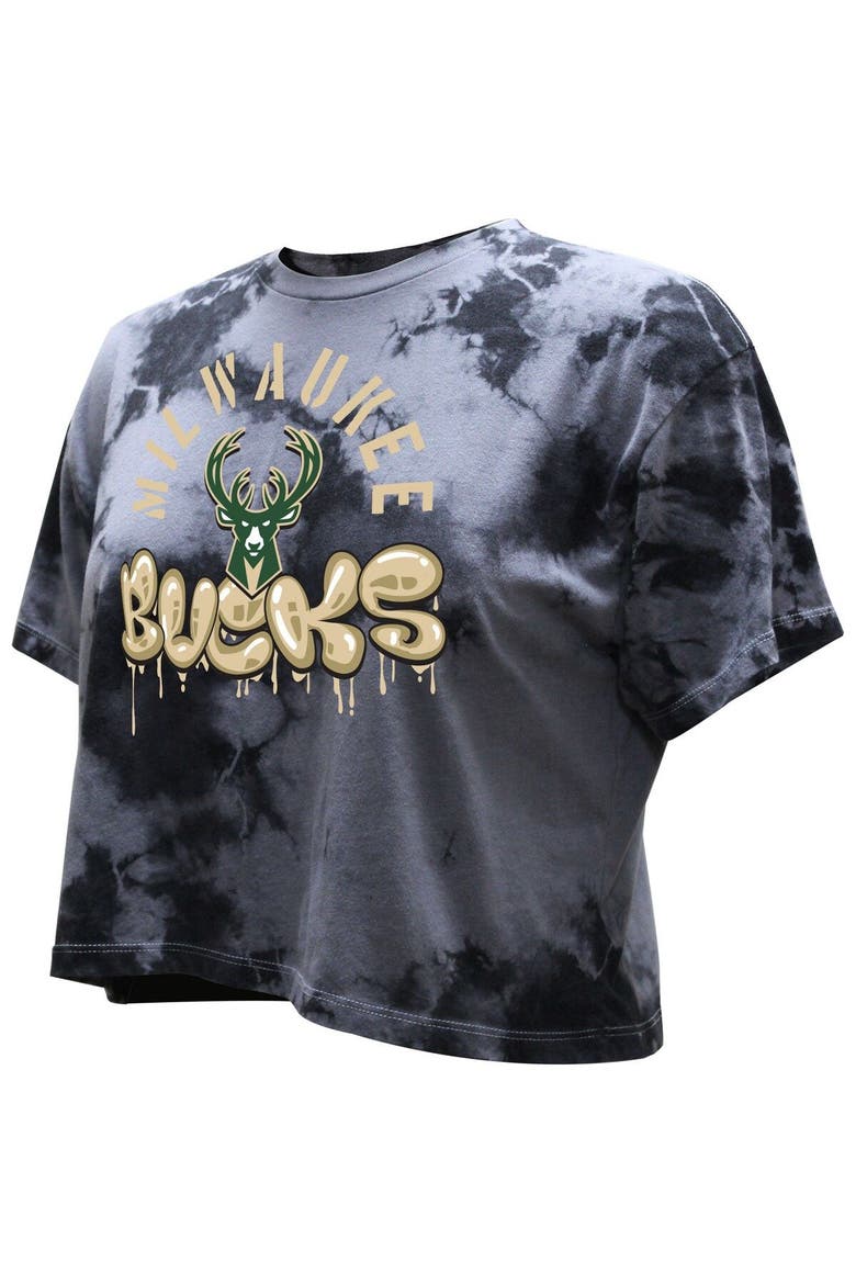 Women's Stadium Essentials  Charcoal Milwaukee Bucks Street Art Dark Crystal Washed Crop T-Shirt, Alternate, color, Charcoal