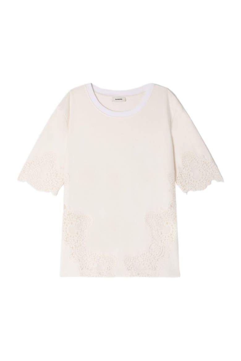 Cotton T-shirt with lace detail, Alternate, color, Ecru