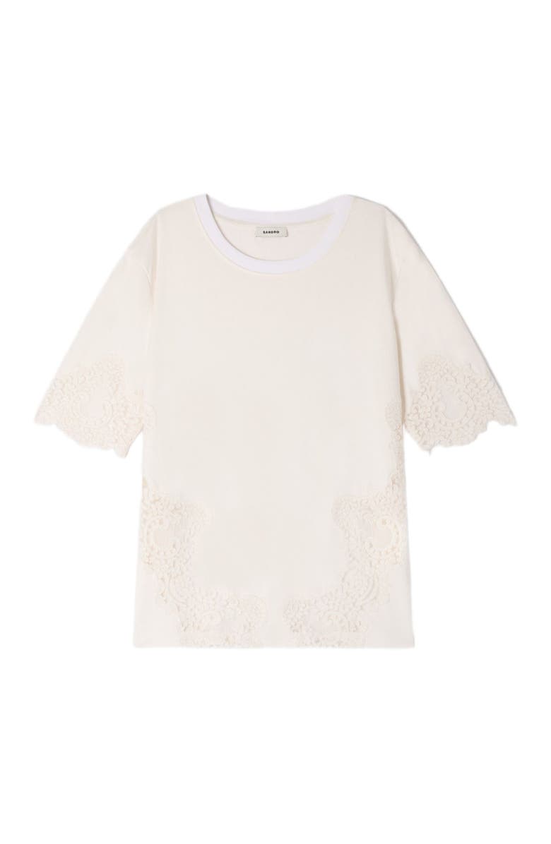 SANDRO Cotton T-shirt with lace detail, Alternate, color, Ecru