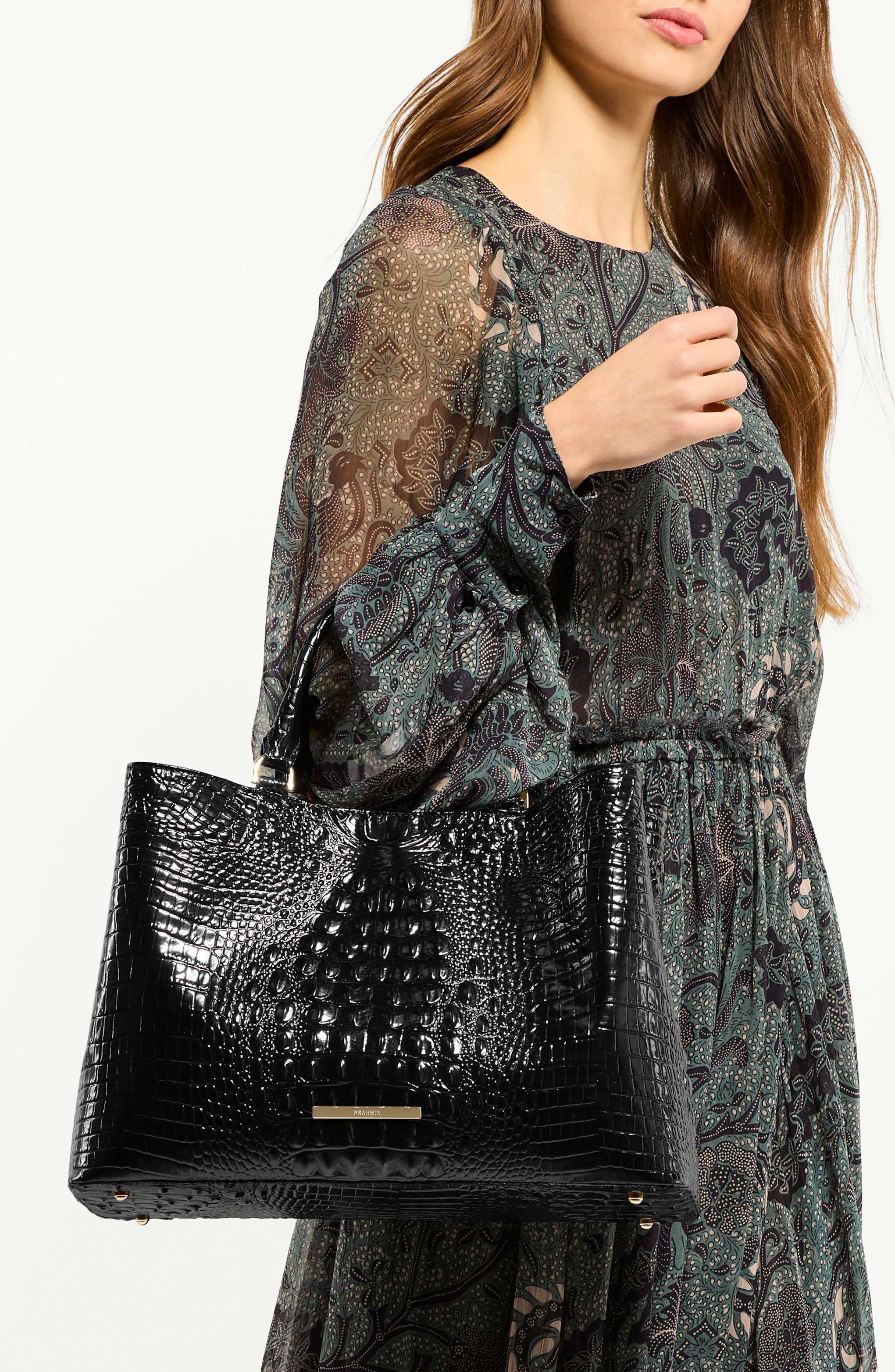 Brahmin Denise Croc Embossed Leather Tote, Alternate, color, Black