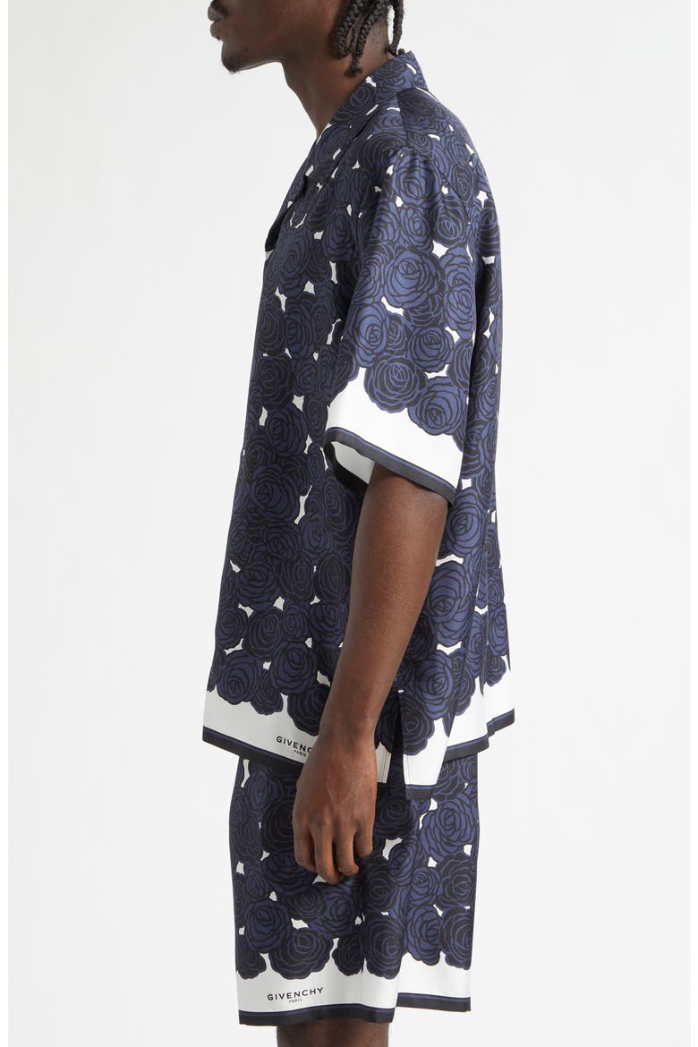 Rose Print Silk Twill Camp Shirt, Alternate, color, DARK NAVY