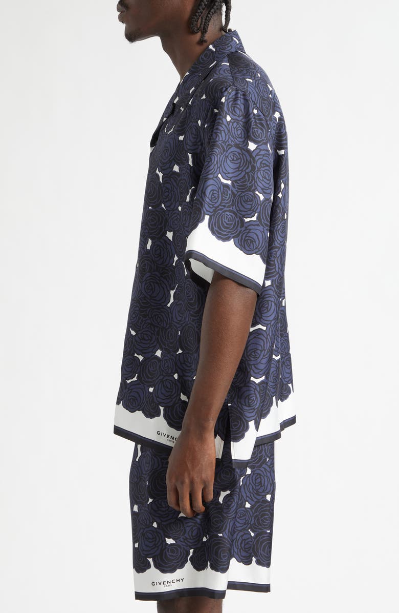 Givenchy Rose Print Silk Twill Camp Shirt, Alternate, color, Dark Navy