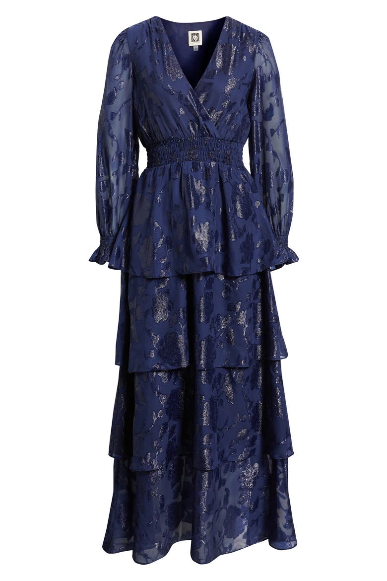 Metallic Floral Long Sleeve Tiered Dress, Alternate, color, DISTANT MOUNTAIN