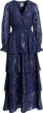 Anne Klein Metallic Floral Long Sleeve Tiered Dress