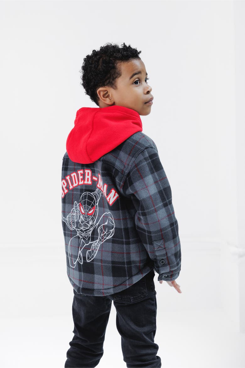 Spider-Man Fleece Hooded Shirt Jacket, Alternate, color, Black Red Spider Man