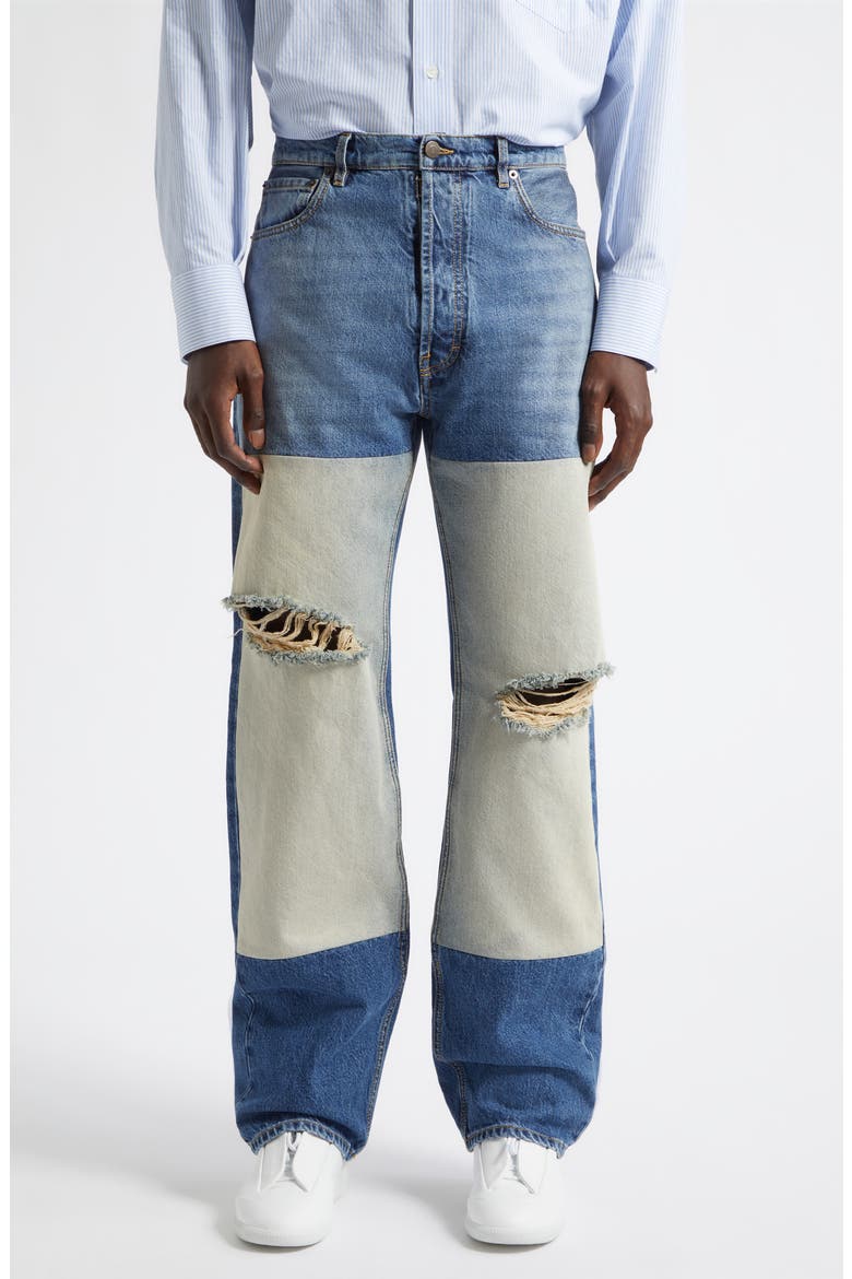Ripped Patched Panel Straight Leg Jeans, Main, color, MEDIUM BLUE