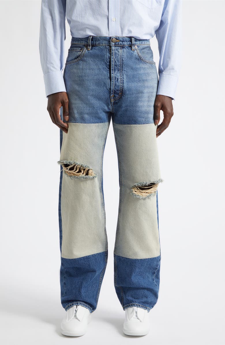 Maison Margiela Ripped Patched Panel Straight Leg Jeans, Main, color, Medium Blue