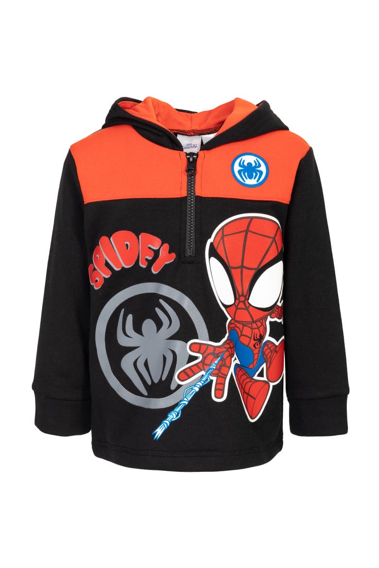 Spider-Man Fleece Quarter-Zip Hooded Sweatshirt, Main, color, Spidey Black