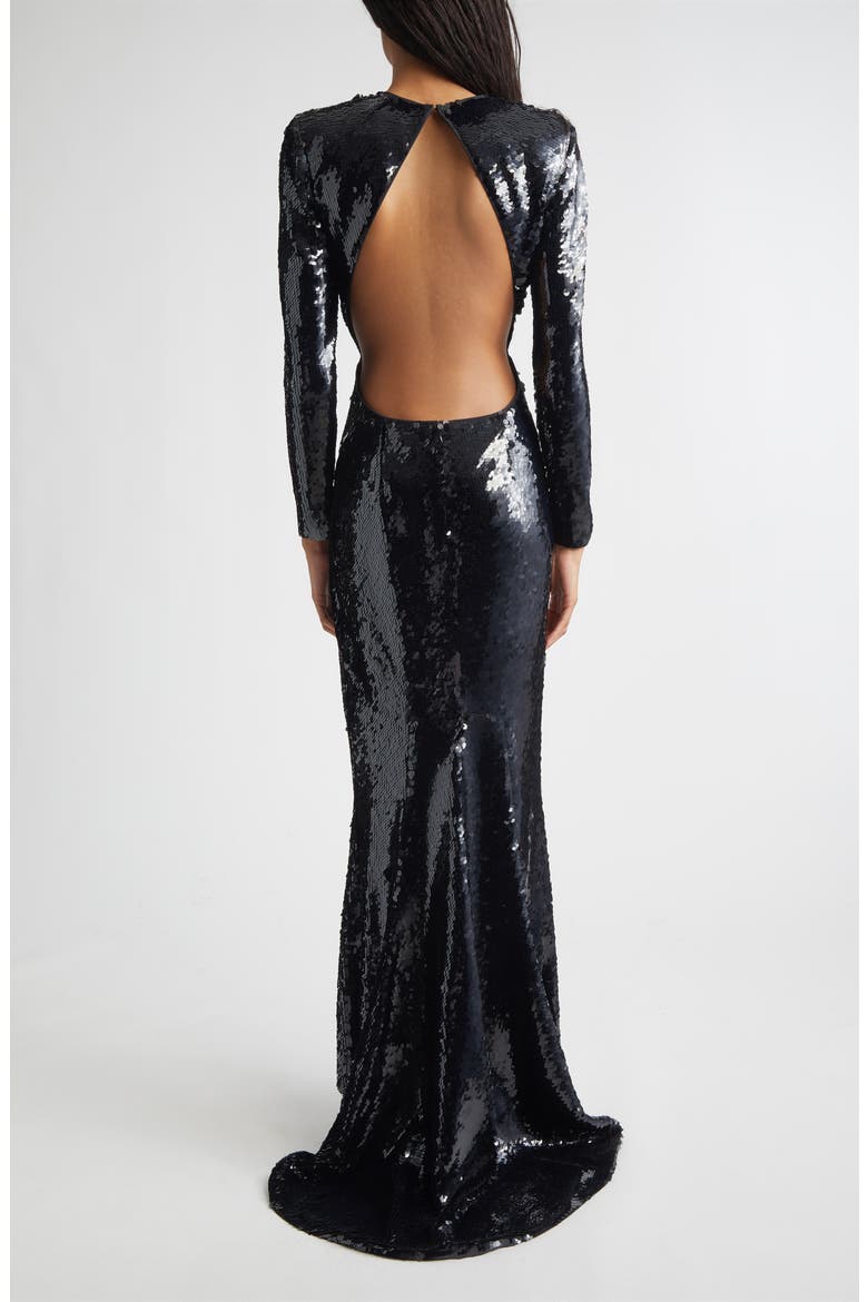 Long Sleeve Sequin Gown, Alternate, color, BLACK